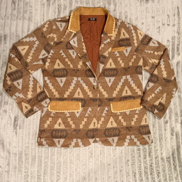 Miss Me Southwestern Tribal Aztec Blazer Brown Faux Suede Trim XL MJ0716L - Image 2