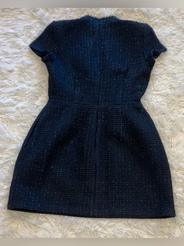 NEW NADINE MERABI Simone Embellished Trim Shimmer Tweed Black Minidress Sz 8 - Image 7