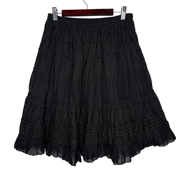 Solitaire Black Eyelet Ruffle Skirt‎ Size S Romantic Tiered Boho Lined Cotton - Image 2
