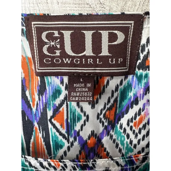 Cowgirl Up Womens Colorful Southwestern Aztec Print Blouse Large Blue Orange - Image 4