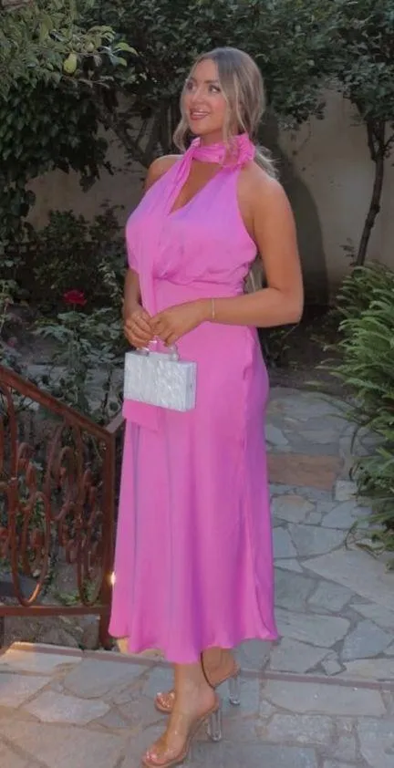 Zara maxi dress pink satin effect floral tie scarf wedding party cocktail - Image 5