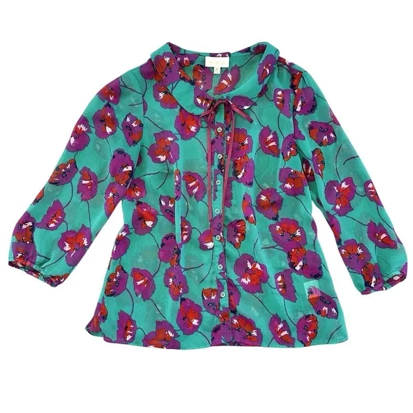 ModCloth Floral Blouse Size‎ Medium Peter Pan Collar Bow Chiffon Artsy Teacher - Image 6