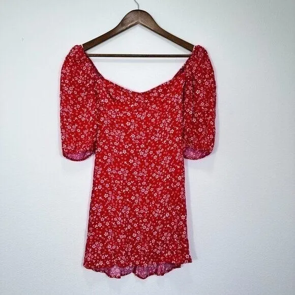 Reformation Red Puff Sleeve Mini Dress Bustier‎ Ditsy Floral Milkmaid Party Date - Image 8