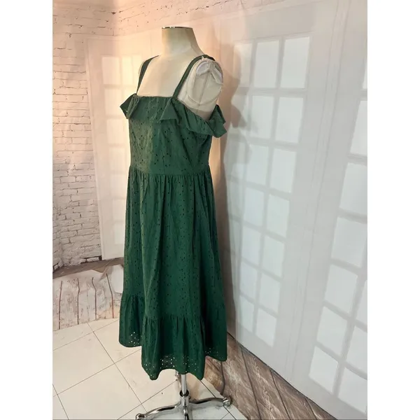 Loft Green Eyelet Ruffle Square Neck Sleeveless Cotton Midi Sundress Size 10 - Image 5