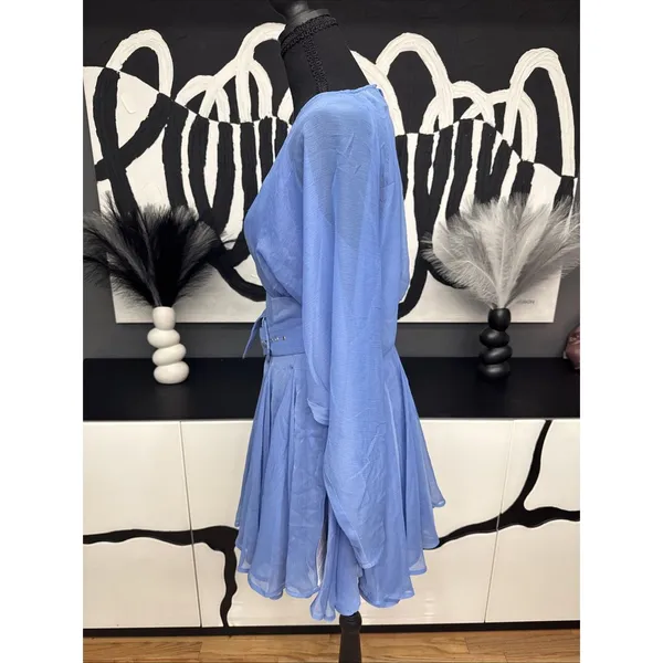 ASOS Design Blue Chiffon Mini Dress Belted Plunge Long Sleeve NWT US 4 - Image 5