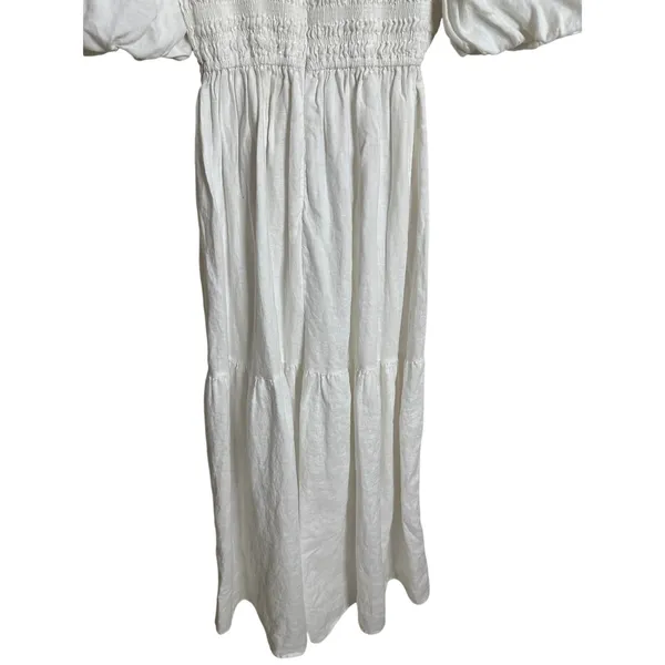 Dissh White 100% Linen Puff Sleeve Smocked Midi Dress Cottagecore Coastal US 6 - Image 3