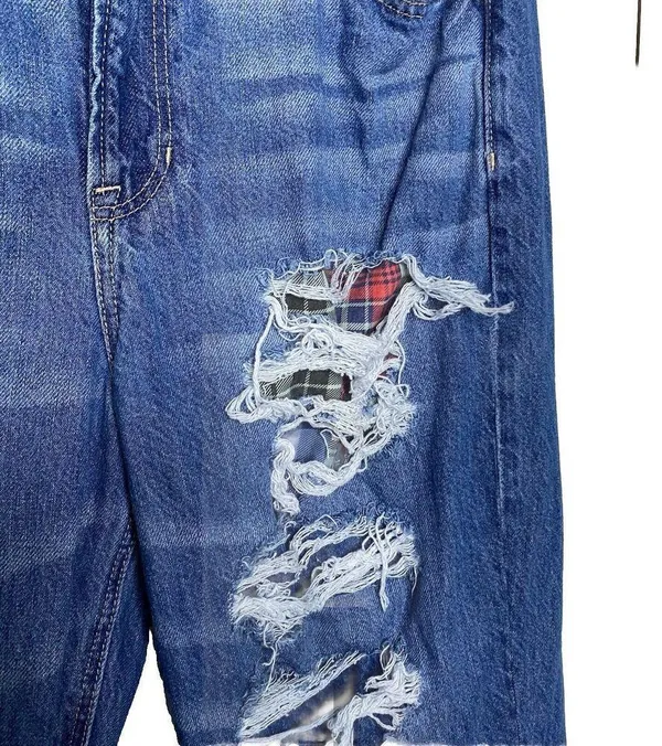 American Eagle Mom Straight Jean Blue Jeans Denim Ripped Plaid Patch Size 16 - Image 2