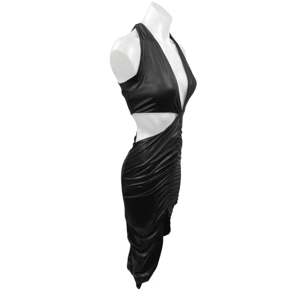 Oh Polly Black Faux Leather Halter V-Neck Cutout Ruched Mini Bodycon Dress Sz 2 - Image 3