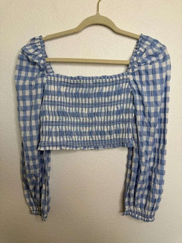 Storia Gingham Crop Top Blue White S - Image 5