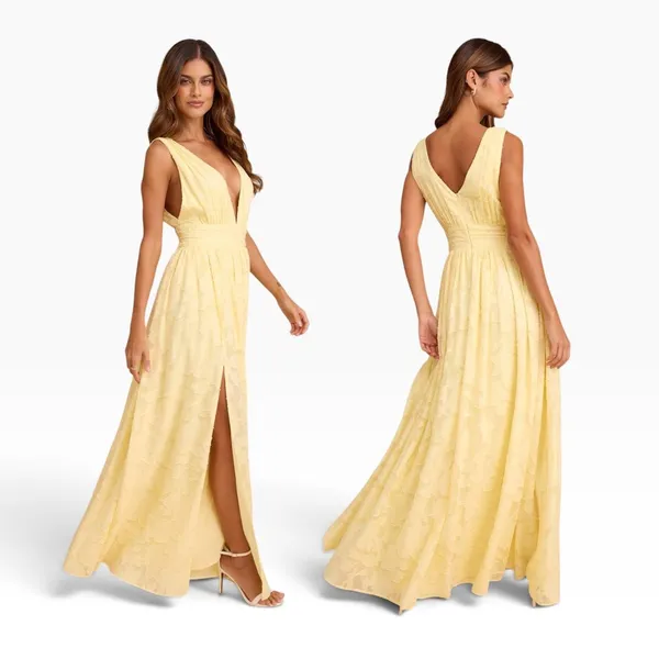 Lulus Sweet Sophistication Light Yellow Burnout Floral Maxi Dress size M NWT - Image 2