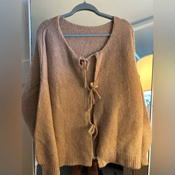 PRETTYGARDEN NEW Tan Tie Front Bow Cardigan Sweater Chunky Knit Long Sleeve L - Image 4