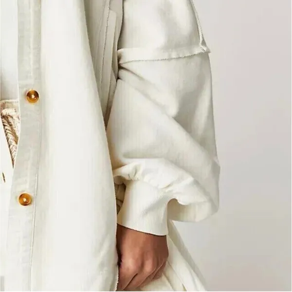 Free People Buttondown Ruffle Hem Shacket Women OS White‎ Oversized Cotton Boho - Image 3