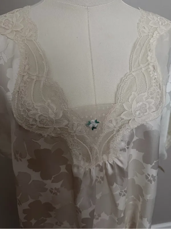 Vintage Lily Of France Nightgown Nighty Dress Satin Floral Lace Ivory Cream - Image 3