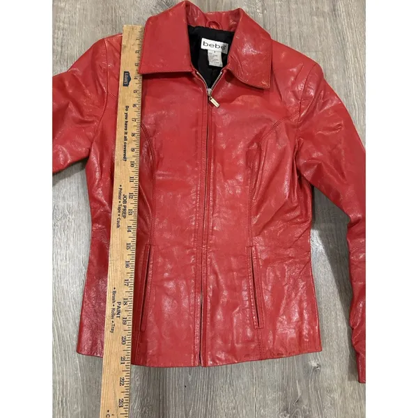 Bebe Leather Jacket Womens Red P Moto Biker 3/4 Sleeve Scooter Y2K Small - Image 4