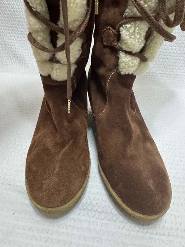 Women’s Brown Suede Wedge Winter Boots with Shearling Trim - Image 5