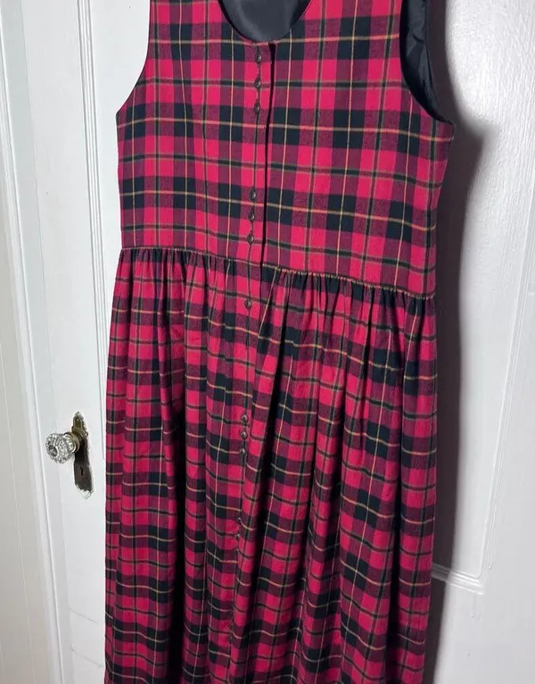 Vintage Susan Bristol Red Black Plaid Pinafore Midi Flannel Holiday Dress Size 8 - Image 3