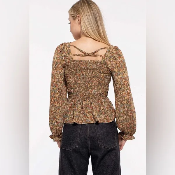 Papaya Floral Top Cross Back Ruffle Square Neck Smocked Medium - Image 4