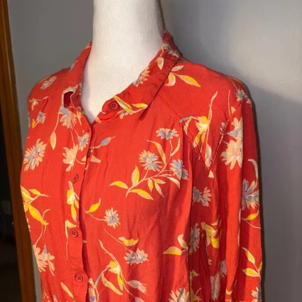 Free People‎ Ruthie Coral Floral Print Button Front Mini Shirt Dress flowy Large - Image 4