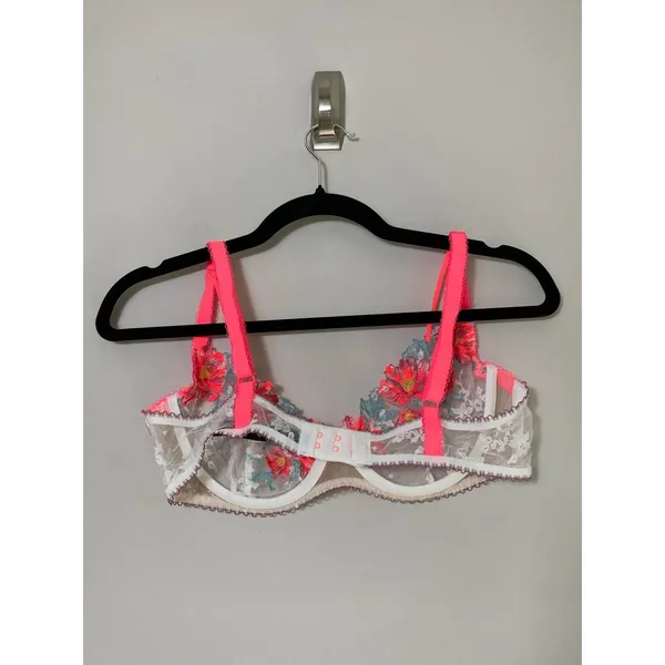 For Love & Lemons Sheer Floral Bra Neon Poppy Embroidered Medium - Image 2