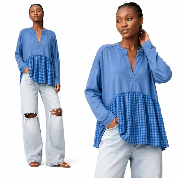 Anthropologie Pilcro Boho Blue Long-Sleeve Babydoll V-Neck Gingham Medium Top - Image 2