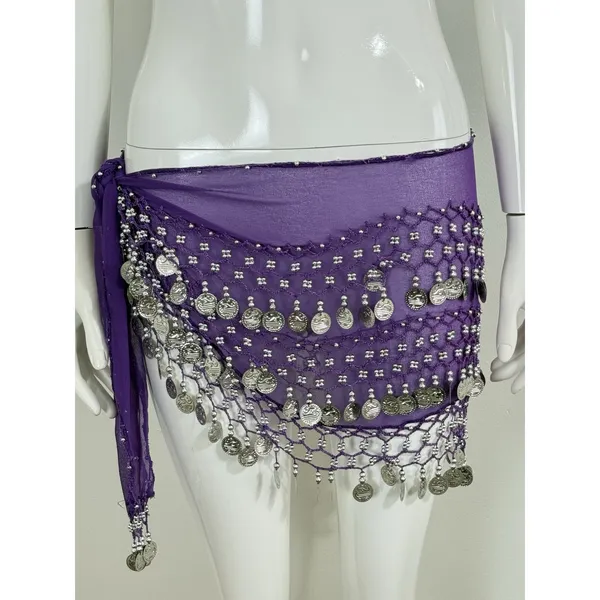 Belly Dance Hip Scarf Coin Belt Purple Chiffon Gold Coins Festival Costume - Image 2