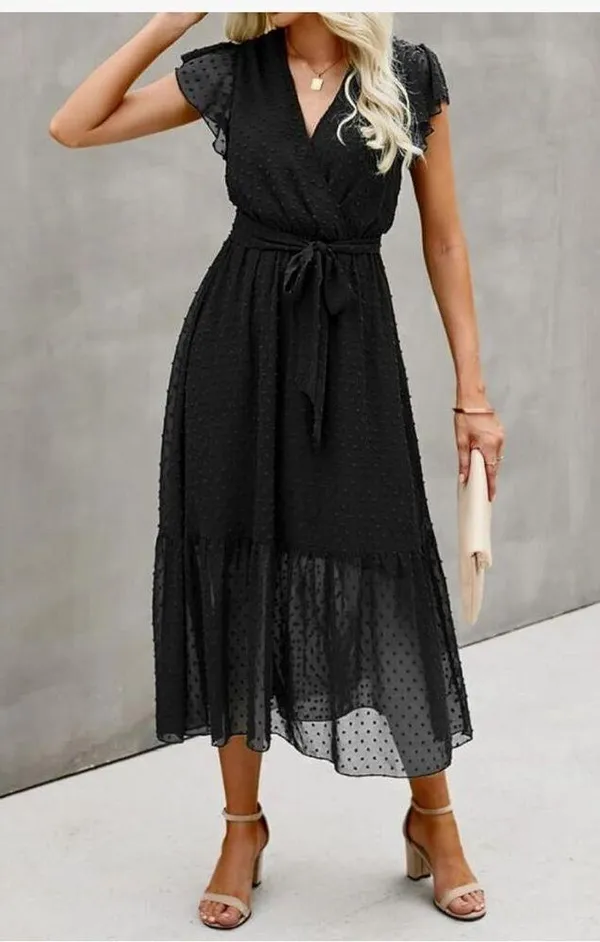 NEW Swiss Dot Wrap V Neck Cap Sleeve Midi Dress M NO BELT - Image 5