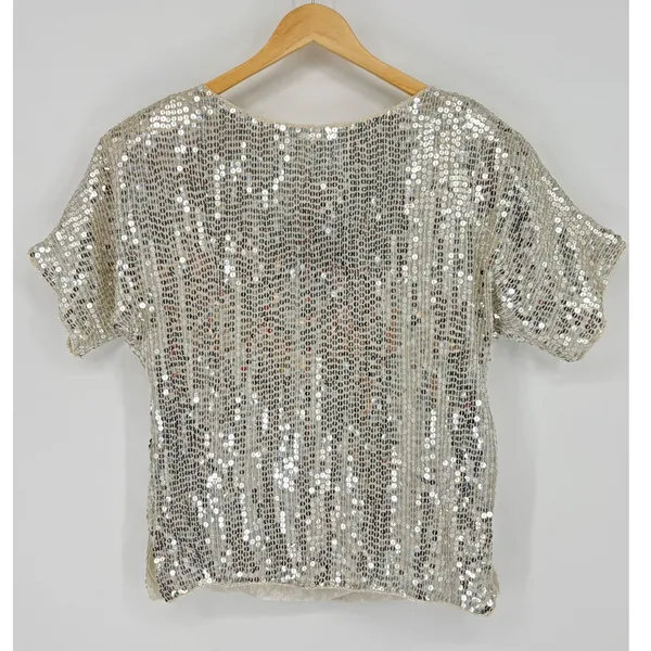 Vintage Elegance by Anujan 100% Silk Sequin Top Small Beaded White‎ Silver Party - Image 4