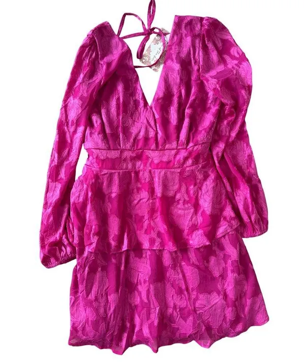 Band of the Free Kiss Me Fuchsia Peplum Romantic Boho Garden Mini Dress M - Image 2