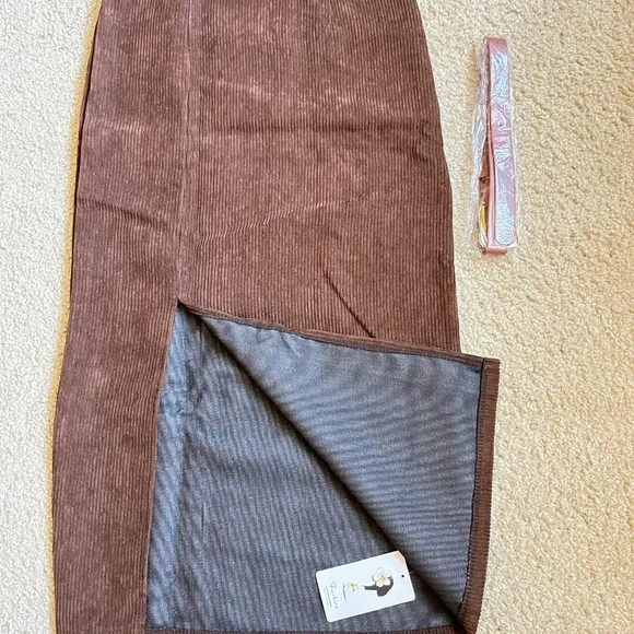 Corduroy Midi Skirt Women Small Brown New High Waist Front‎ Slit with Belt xxs - Image 8