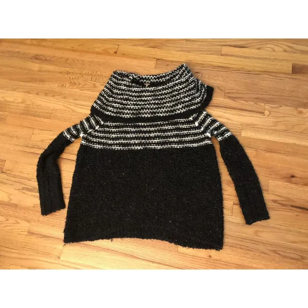 Free People Women Chunky Knit Sweater‎ Off the Shoulders Striped Black White S - Image 3