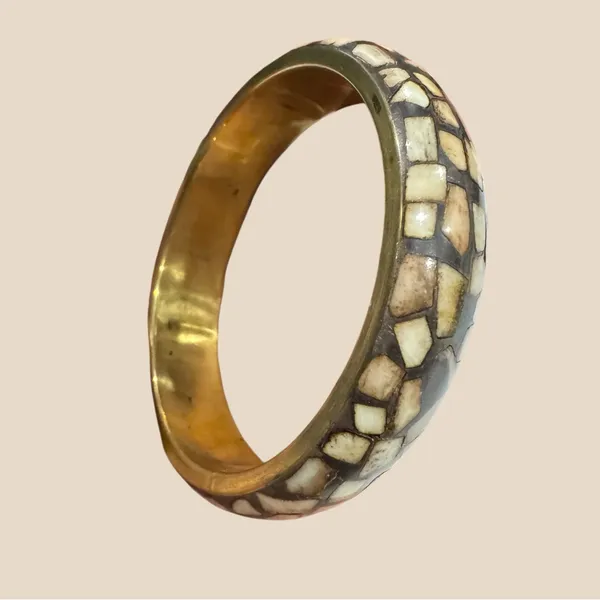 VTG Bone Mosaic Brass Bangle | African Statement Bracelet | Handmade Bone Inlay Brown - Image 7