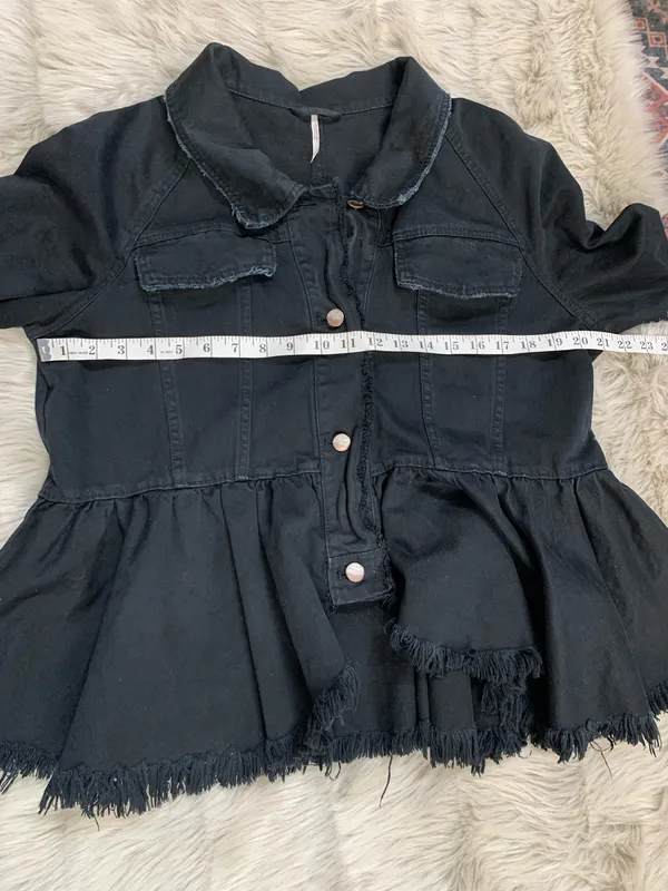 Free People Willow Black Denim Jacket Peplum Raw Hem Lace Up Cuff Military Medium - Image 9