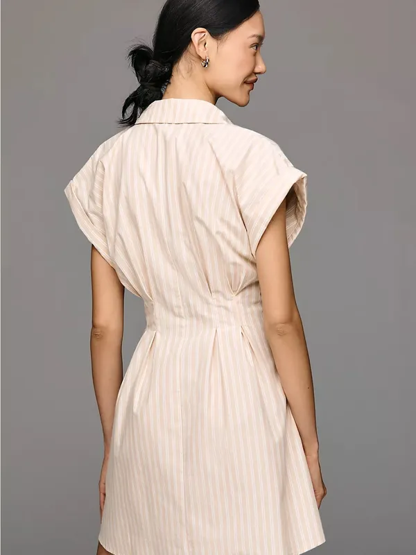 Anthropologie Maeve Faye Shirtdress Womens M Honey Tan Striped Belted Mini - Image 3