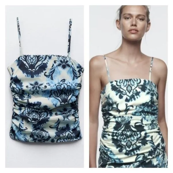 NWT Zara XS Floral Printed Ruched Cami‎ Tank Top Y2K Inspired THE OC White Blue - Image 2