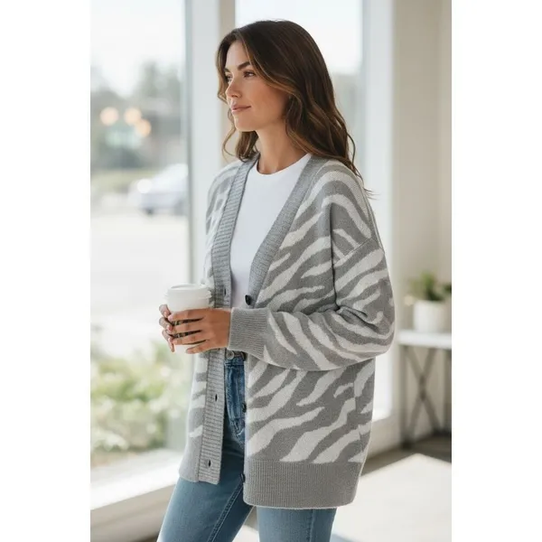 Everlane Alpaca Zebra Print Heathered Grey Cardigan Size L Sweater Button Front - Image 13