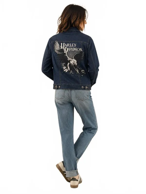 Harley-Davidson Women’s XS Denim Jacket Eagle Rhinestone Embroidered Moto - Image 3