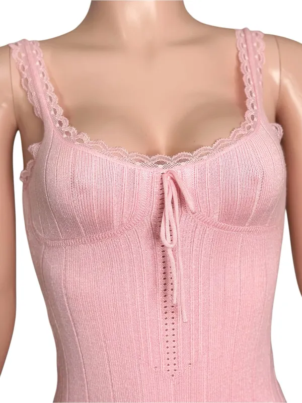 GUIZIO Dainty Lace Knit Mini Dress, Baby Pink, XS - Image 8