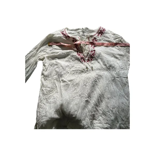 Vintage Ivory/Burgundy Embroidered Lace Up Peasant Crinkle Long Sleeve Top Boho - Image 7