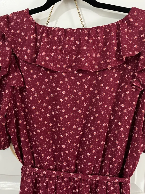 LOFT Flowy Chiffon Midi Dress Maroon Floral Ruffle cap Sleeve Sz M Fem Romantic - Image 7