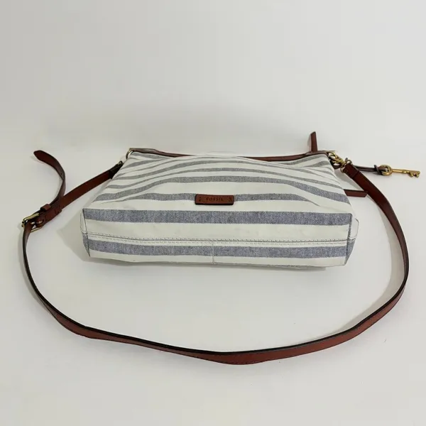 FOSSIL Fiona Blue WhiteStripe Large Crossbody Bag Purse Brown Faux Leather - Image 6