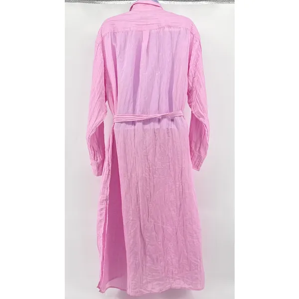 J.Crew Crinkle Belted Button-Up Maxi‎ Shirt Dress S Pink Long Sleeve Side Slit - Image 6