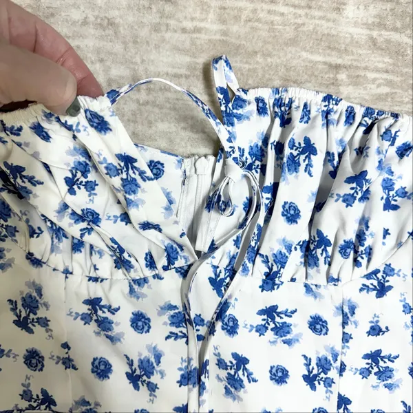 Kutumai Women Medium Blue White Floral Maxi Dress Off Shoulder Milk Maid Cottage - Image 3