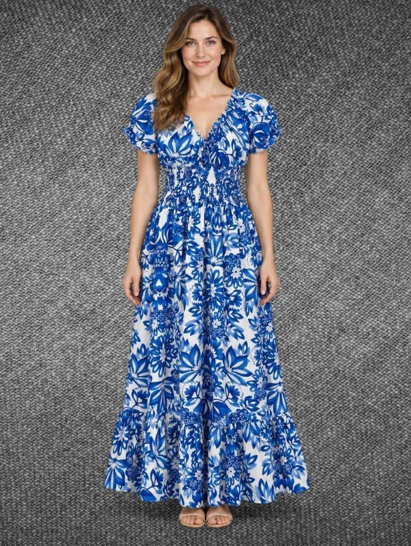 Blue White Floral Smocked Puff Sleeve Maxi Dress Size M - Image 2
