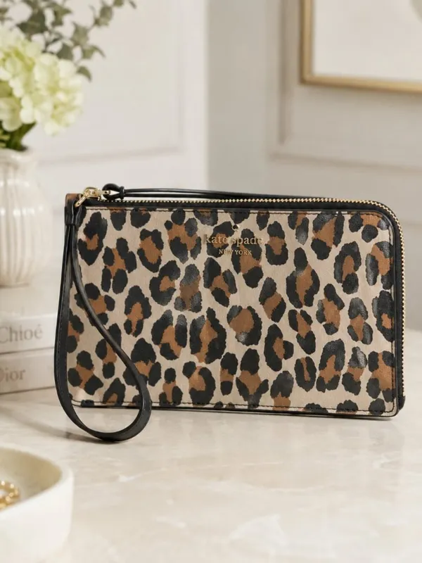 Kate Spade Lucy Medium L-Zip Wristlet Leopard Saffiano Leather NWT - Image 2
