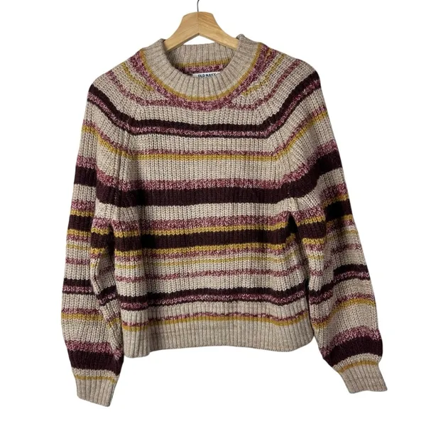 Old Navy Beige‎ Red Stripe Mock Neck Cropped Crewneck Sweater S - Image 2