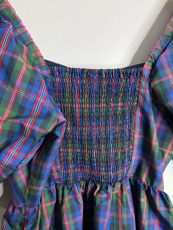 Old Navy Puff-Sleeve Blue Plaid Fit & Flare Taffeta Mini Dress Large Preppy Work - Image 9