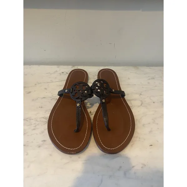 Tory Burch Gabriel Shoes Womens Size 10 Black Miller Thong Sandals Leather Logo - Image 2