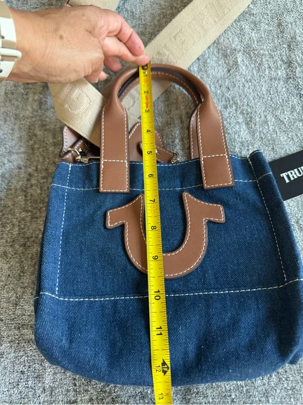 True Religion Navy Denim Mini Tote with Brown Leather Accents - Image 7
