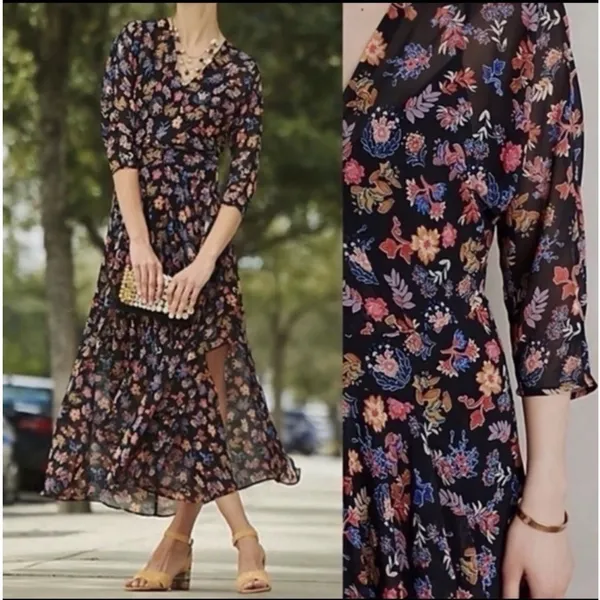 Anthro HD in Paris Maxi Dress‎ Womens US 4 Sheer Floral Chiffon Cottage Peasant - Image 2