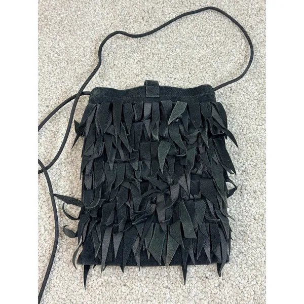 Kathryn Laibson Black Suede Fringed Crossbody Bag Boho‎ Festival Button Closure - Image 4